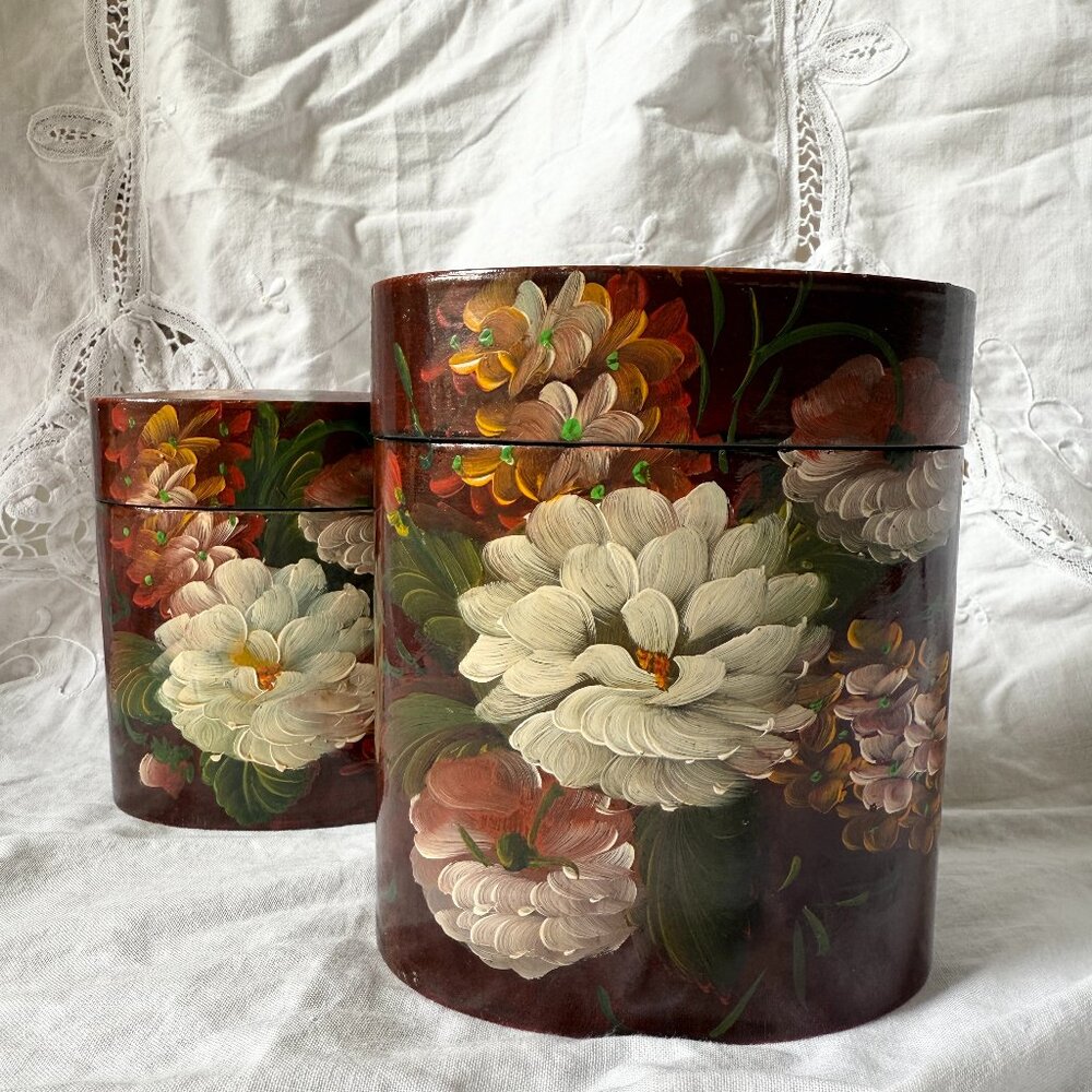 Vintage Lacquered Paper Mache Oval Nesting Boxes Hand Painted Floral